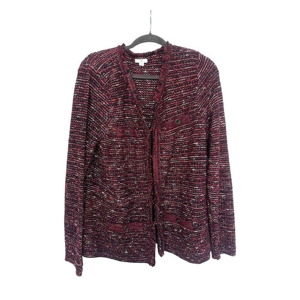 J.Jill Tweed Sweater Cardigan Size Large Burgundy Fringe Knit Blazer Career